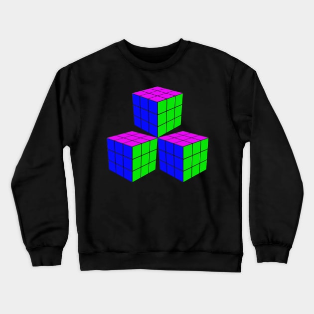 Three Rubik Cubes in a Triangle - Blue, Pink and Green Crewneck Sweatshirt by The Black Panther